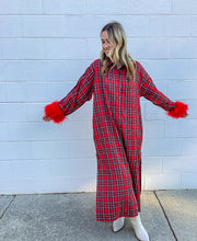 Load image into Gallery viewer, Queen Of Sparkles Red &amp; Green Plaid Feather Sleeve Button Up Midi Dress