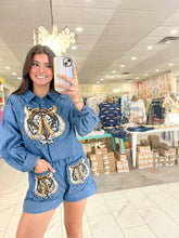 Load image into Gallery viewer, Queen Of Sparkles Denim Cotton Ruffle Tiger Patch Button Up Top