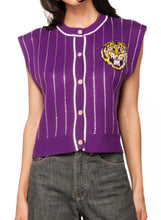 Load image into Gallery viewer, Queen Of Sparkles Purple LSU Striped Mascot Button Down Vest