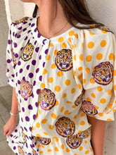 Load image into Gallery viewer, Queen Of Sparkles Licensed LSU Mascot Polka Dot Colorblock Button Up Top