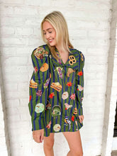 Load image into Gallery viewer, Queen Of Sparkles Dark Green &amp; Blue Striped Thanksgiving Icon Collar Dress