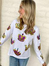Load image into Gallery viewer, Mardi Gras Crown Jewel &amp; Sequin Long Sleeve Top (front &amp; back)