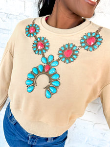 Queen Of Sparkles Tan Turquoise Necklace Sweatshirt