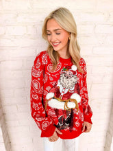 Load image into Gallery viewer, Queen Of Sparkles Red &amp; White Paisley Print Cowboy Santa Sweater