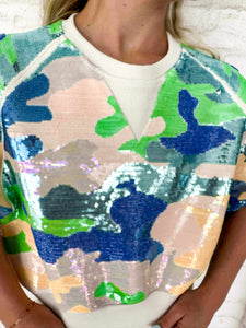 Queen Of Sparkles Beige, Blue & Green Camo Top
