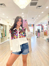 Load image into Gallery viewer, Queen Of Sparkles White Multi Paillette Button Up Cotton Top