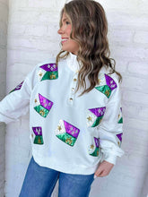 Load image into Gallery viewer, Mardi Gras Acadian Flag Mock Neck Button Up Pullover (front &amp; back)