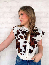 Load image into Gallery viewer, Queen Of Sparkles White &amp; Brown Sequin Cow Button Up Vest
