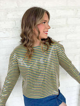 Load image into Gallery viewer, Mardi Gras Color Pin Stripe Clear Sequins Knit Top