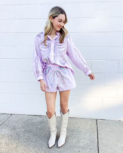 Queen Of Sparkles Lavender Skeleton Button Up Short