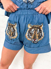 Load image into Gallery viewer, Queen Of Sparkles Denim Cotton Ruffle Tiger Patch Shorts
