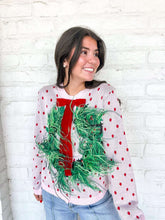 Load image into Gallery viewer, Queen Of Sparkles Light Pink &amp; Red Polka Dot Wreath Sweater