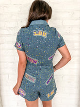 Load image into Gallery viewer, Queen Of Sparkles LSU Denim Multi Rhinestone Logo Tie Romper