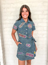 Load image into Gallery viewer, Queen Of Sparkles LSU Denim Multi Rhinestone Logo Tie Romper