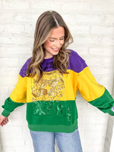 Load image into Gallery viewer, Queen Of Sparkles Purple, Yellow &amp; Green Striped Queen Card Sweatshirt