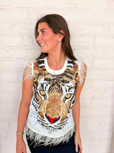 Load image into Gallery viewer, Queen Of Sparkles White Oversized Tiger Feather Trim Tank