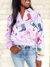 Load image into Gallery viewer, Queen Of Sparkles Lavender Guitar and Boots Collar Sweatshirt