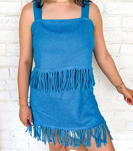 Queen Of Sparkles Light Blue Mesh
Fringe Coverup Midi Skirt