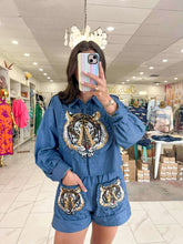 Load image into Gallery viewer, Queen Of Sparkles Denim Cotton Ruffle Tiger Patch Shorts
