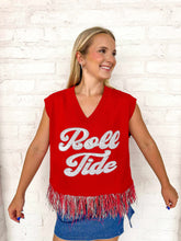 Load image into Gallery viewer, Queen of Sparkles Roll Tide fringe sweater with red and silver fringe and silver wording
