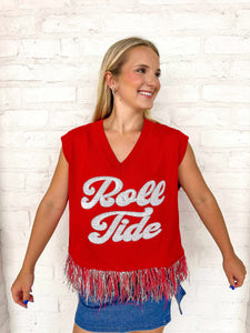 Queen of Sparkles Roll Tide fringe sweater with red and silver fringe and silver wording