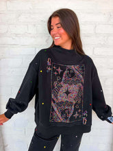 Load image into Gallery viewer, Queen Of Sparkles Black Rainbow Rhinestone QOS Card Logo Mock Neck Sweatshirt
