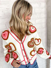 Load image into Gallery viewer, Queen Of Sparkles White Knit Valentines Heart Cookies Button Up Cardigan