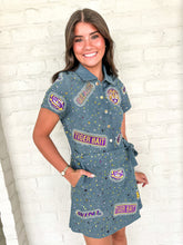 Load image into Gallery viewer, Queen Of Sparkles LSU Denim Multi Rhinestone Logo Tie Romper