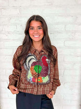Load image into Gallery viewer, Queen Of Sparkles Brown Plaid Turkey Ruffle Patch Button Up