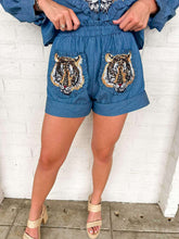 Load image into Gallery viewer, Queen Of Sparkles Denim Cotton Ruffle Tiger Patch Shorts