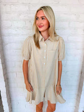 Load image into Gallery viewer, Taupe Stripe Puff Sleeve Shirt Mini Dress