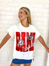 Load image into Gallery viewer, Alternate view of Queen of Sparkles metallic BAMA graphic tee with mini icons and sequin roll tide wording