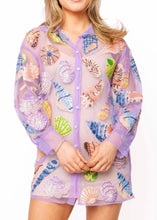 Load image into Gallery viewer, Queen Of Sparkles Purple Sheer Multi Sea Shell Button Up Cover Up