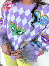 Load image into Gallery viewer, Queen Of Sparkles Lavender &amp; White Diamond Multi Mask Feather Sweater
