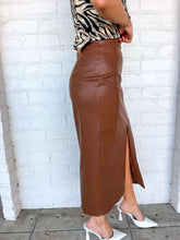 Load image into Gallery viewer, Been There Cognac Leather Midi Skirt