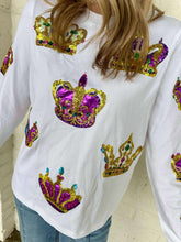 Load image into Gallery viewer, Mardi Gras Crown Jewel &amp; Sequin Long Sleeve Top (front &amp; back)