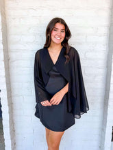 Load image into Gallery viewer, Wrap Me Up Black Cape Satin Dress