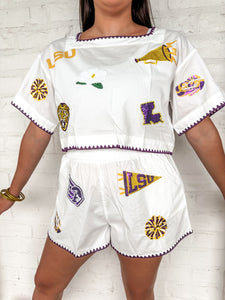 Queen Of Sparkles LSU Mini Icon Embroidered Edge Cotton Top