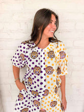 Load image into Gallery viewer, Queen Of Sparkles Licensed LSU Mascot Polka Dot Colorblock Button Up Top