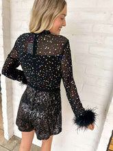 Load image into Gallery viewer, Queen Of Sparkles Black Feather Multi Rhinestone Sequin Romper