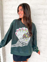 Load image into Gallery viewer, Queen Of Sparkles Charcoal Skeleton Holding Queen Cards Rhinestone Sweatshirt
