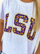 Load image into Gallery viewer, Queen Of Sparkles Grey LSU Multi Jewel Letter Tee