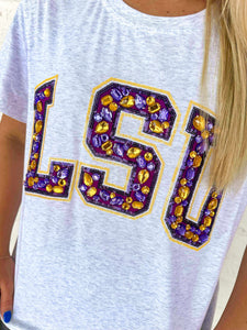 Queen Of Sparkles Grey LSU Multi Jewel Letter Tee