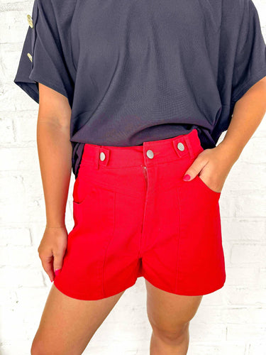 For The Win Red Denim Shorts