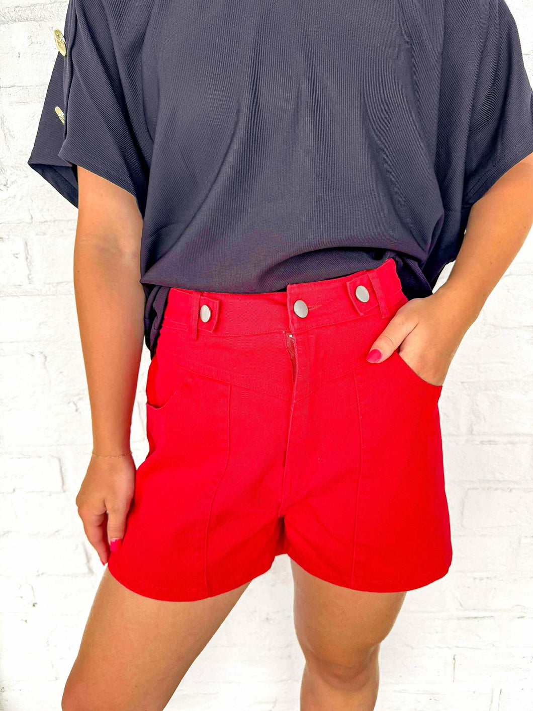 For The Win Red Denim Shorts