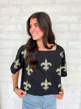 Load image into Gallery viewer, Jordan Amanda Fleur De Lis Black &amp; Gold Square Neck Top