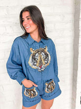 Load image into Gallery viewer, Queen Of Sparkles Denim Cotton Ruffle Tiger Patch Button Up Top