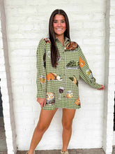 Load image into Gallery viewer, Queen Of Sparkles Green Plaid Thanksgiving Icons Button Up Dress