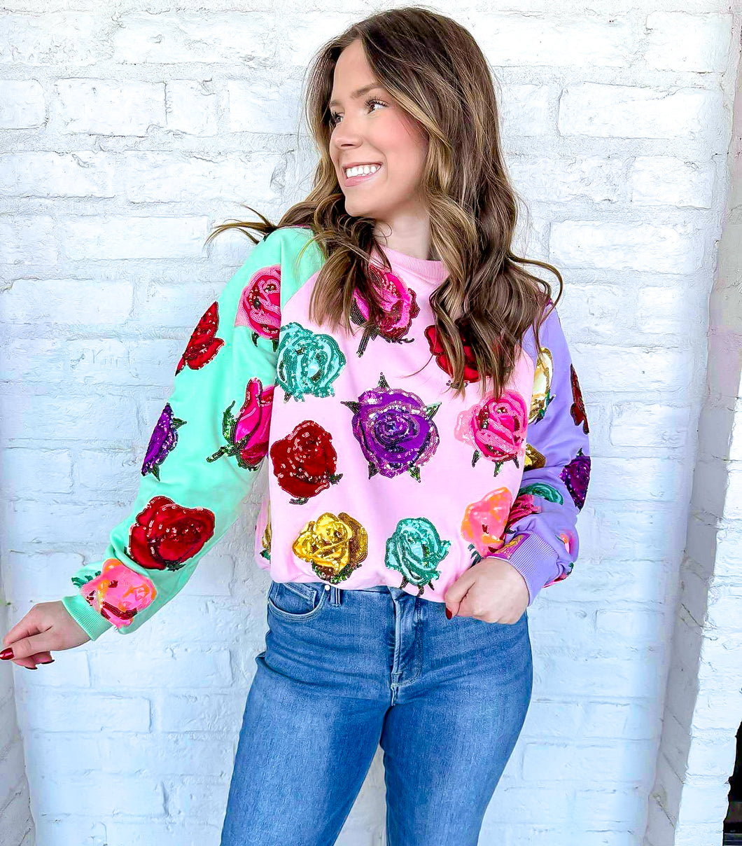 Queen Of Sparkles Velvet Roses Colorblock Sweatshirt