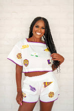 Load image into Gallery viewer, Queen Of Sparkles LSU Mini Icon Embroidered Edge Cotton Top